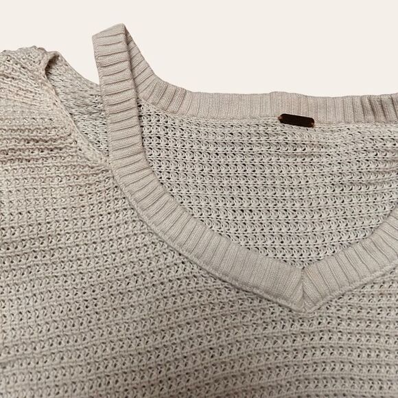 Free People Moonshine V Neck Sweater in Cream Waffle Knit Cold Shoulder - Picture 5 of 7